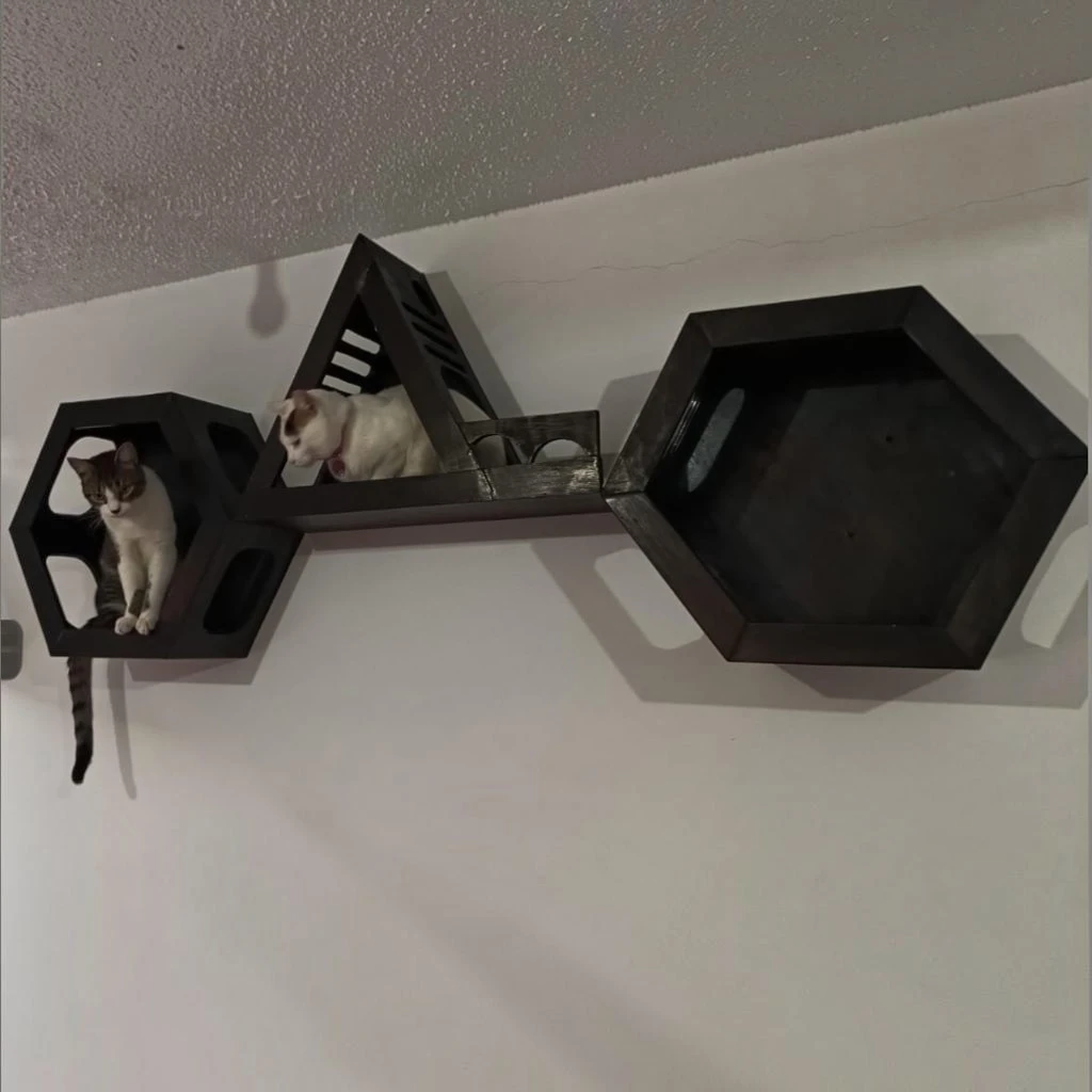 Muebles de pared para gatos Combo Astutos, vista lateral del acomodo en la pared