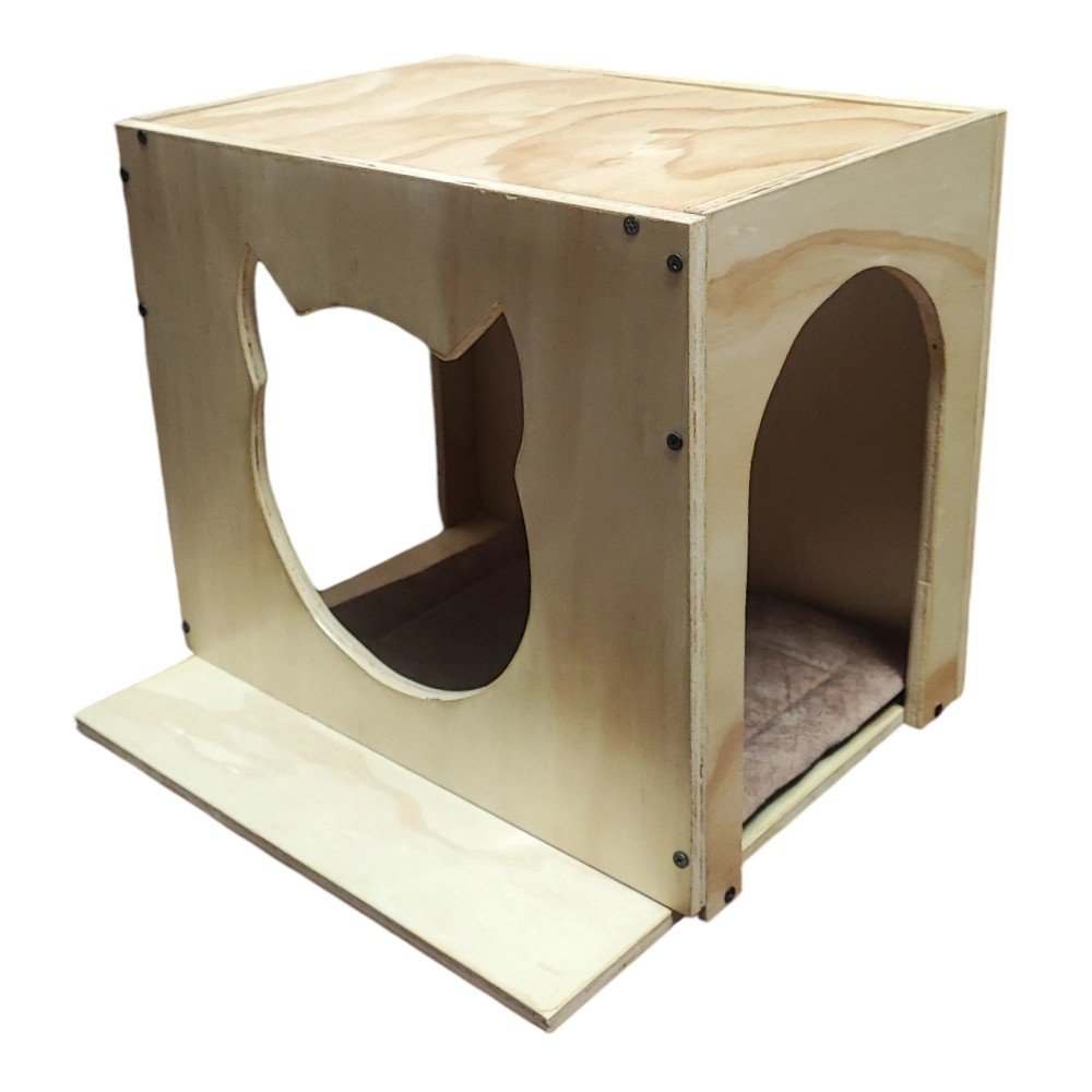 Detalle de la cama del Combo Vigorosos, gimnasio para gatos en madera