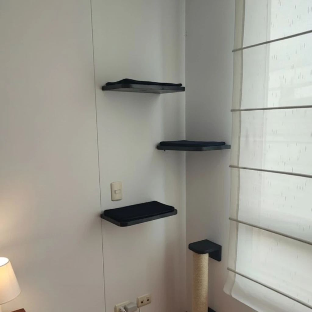 Repisas de pared flotantes instaladas en esquina, Colección Entorno